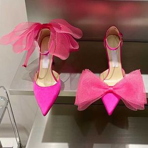 2022 Designer Hoge hakken Sandalen Rose Pink Heel Cross Big Bow Fluorescent Vamp Pointed Teen Strap Shoen Box Maat 35-42011