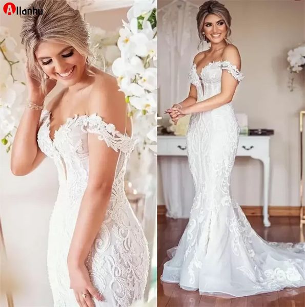 2022 Vestido de novia de encaje de diseñador Vestidos de novia de sirena de talla grande Apliques vintage fuera del hombro Vestidos de matrimonio de dama sexy Árabe Aso Ebi Blanco Marfil cre