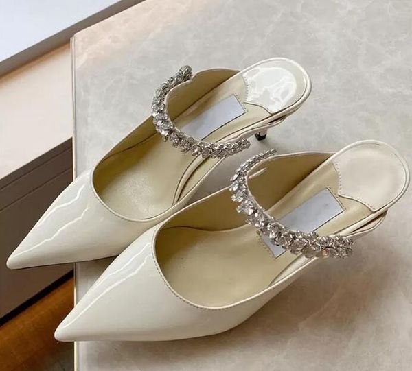 2022 designer partie talons hauts femmes sandales glace 65mm chaussures de mariage cheville cristal dentelle blanc rose vif mules cuir noir cuir verni pointu milieu