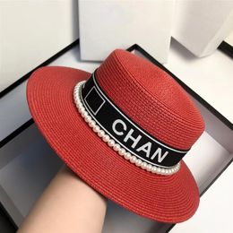 2022 Designer chapeau de paille marque lettre casquette femme printemps et été lettres de perles polyvalentes chapeau haut plat japonais grand bord soleil pro234t