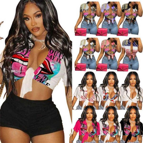 T-shirt à manches courtes pour femmes en gros 2023 Summer Designer Fashion Graffiti Print Cardigan Tassel Crop Tops 12 couleurs