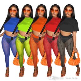 2022 Trajes de diseño Mujeres Sexy Mesh Sheer Pantalones de yoga Pantalones de yoga T Shirt Set de dos piezas Ropa de club nocturno expuesto ombligo