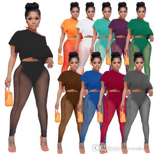 2022 Survêtements de créateurs T-shirt pour femmes et pantalons de yoga transparents Ensemble de deux pièces Sexy Mesh Navel Exposed NightClub Vêtements de sport