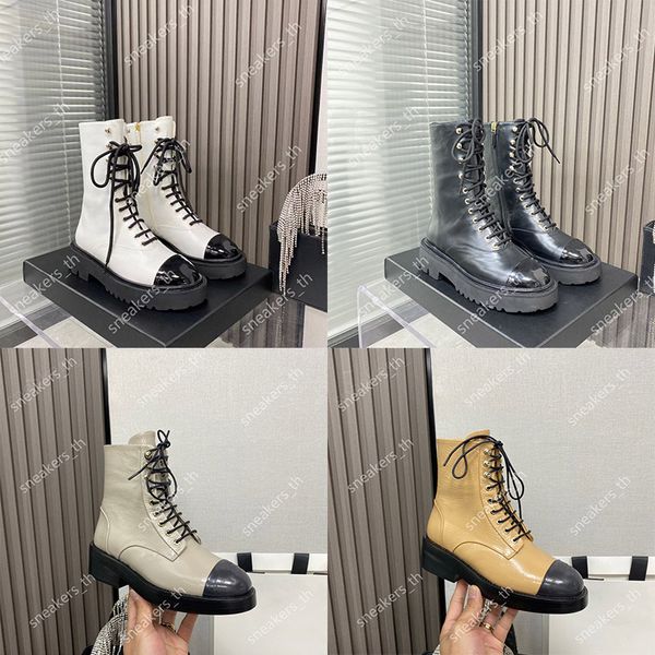 2022 Diseñador Mujer Botines Pequeña fragancia con cordones Plataforma Martin Botas Clásico Negro Blanco Cuero Color Botines a juego Caballero Botín