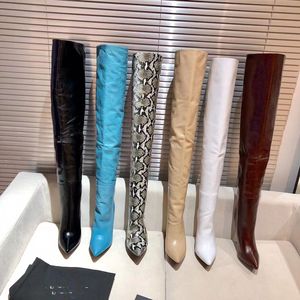 2023 Femmes Designer Plissant Pointu Bottes Hautes De Luxe Mode Sexy Noir Blanc Rose Bleu Ciel Bottes En Cuir Pointe Talon Épais Motif Serpentine Chaussures Taille 35-39