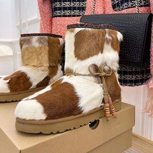 2023 Designer Dames Luxe Paardenhaar Snowboots Sexy Winter 100% Leer Koude Bescherming Kralen Decoratie Casual Schoenen Comfortabel Ronde Kop Dikke Bodem Laarzen