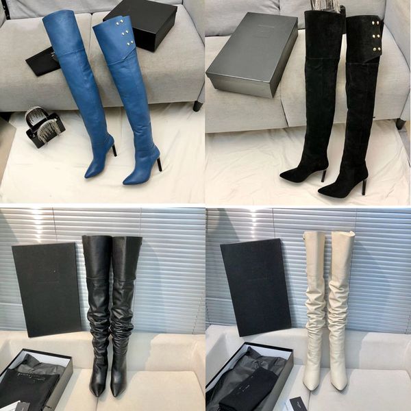 2023 Femmes de créateurs pointues Overlord bottes à hauteur de genou YSL famille luxe mode sexy noir blanc bleu bottes en cuir automne hiver boucle en métal talons chaussures tailles 35-39