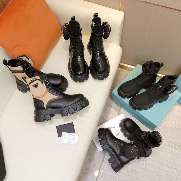 2022 Diseñador Mujeres Botas de cuero brillante Moda Tacones gruesos Martin Tobillo Botines Cuero genuino Bota de combate Señoras Zapatos de plataforma de invierno