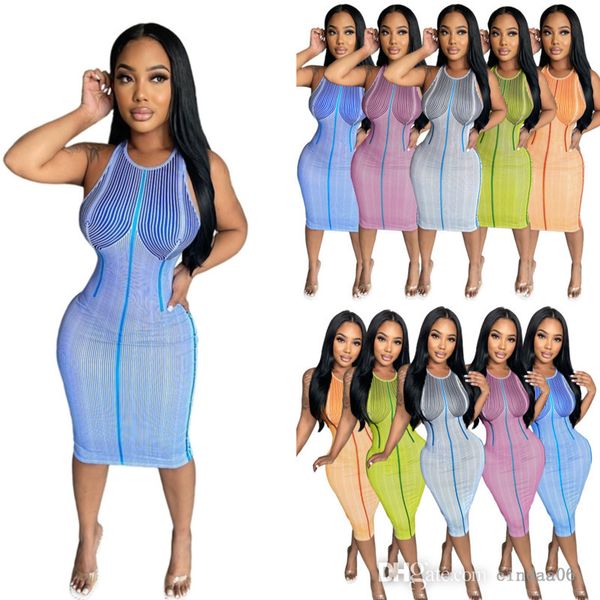 2022 Designer Womens Casual Midi Robes New Summer Vest personnalisé Stripe Print Hip Wrap Sexy Dress