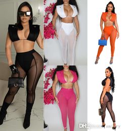 2022 Designer Womens Vêtements Pantalons en deux pièces Set Sexy Perspective Mesh haute taille Hip exposée nombril