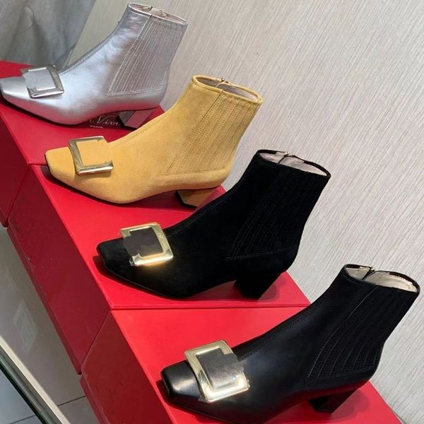 2023 diseñador para mujer de lujo Chelsea moda botines clásico temperamento cabeza cuadrada cuero casual bota corta dama hebilla de metal cremallera lateral zapatos de tacón cuadrado