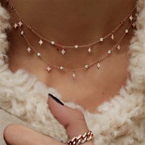 2022 Ontwerpen 925 Sterling Crystal Rose Gold Silver Color Dangle Star CZ Drop Choker Kettingen Sieraden voor vrouwen