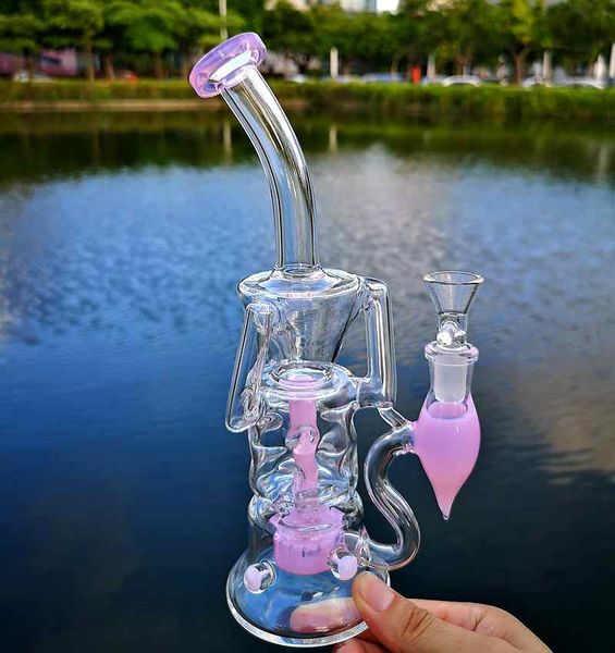 Doble reciclador Cachimbas Bong Turbina Percolador Fab Huevo Agua Bongs Púrpura Rosa Verde Aceite Dab Rigs 14 mm Tuberías de agua conjuntas femeninas HR319