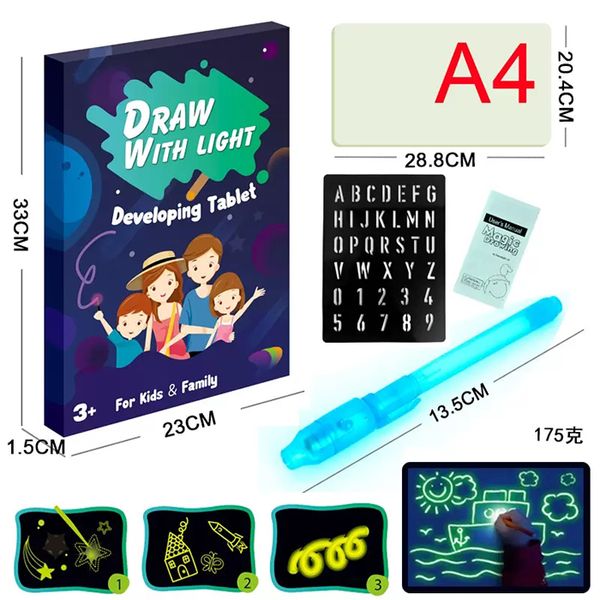 2022 dibujo con luz pintura divertida tablero que brilla en el dibujo tableta niños resplandor mágico tablero fluorescente 3D juguete de dibujo educativo