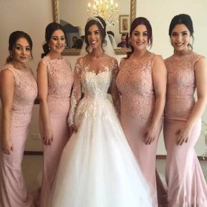 2022 Dustige roze bruidsmeisje jurken Chiffon vloer lengte zeemeermin geschulpte bruidsmeisje jurk op maat gemaakte kant applique strand bruiloft feest formele slijtage Vestidos
