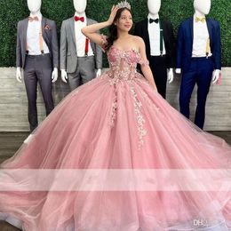 2022 Duty Pink Quinceanera Dree van de schouder 3d bloemen kanten applique kralen bandjes snijvat gemaakt zoet 16 prins verjaardagsfeestje baljurk