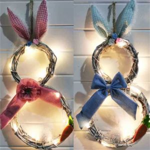 2022 Easter Bunny Ear Decorations LED Rattan Kransen en Kransen Home Family Restaurant Hanger Window Props Levert Luminous Festival Gifts CG001