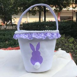 2022 Easter Party Supplies Decoratieve tote mand Gedrukte pluche konijnenstaartmanden kanten canvas tote snoepcadeauzakje