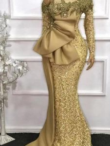 2022 elegante Afrikaanse stijl kant zeemeermin avondjurken plus size pailletten lange mouwen kralen prom feestjurken gewaad de soiree bc11139 xu