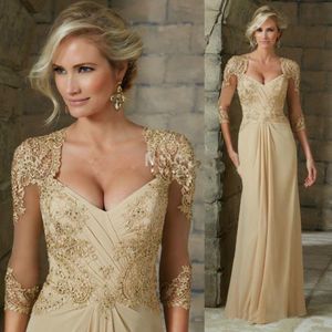 2022 Elegante chiffon moeder van de bruid jurken lange mouwen Champagne Appliques Lace formele avondjurken plus maat op maat gemaakt 236B