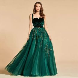 2022 élégant chasseur vert robes de soirée bretelles une ligne longue velours tulle robe de bal appliques perlées pleine longueur occasion spéciale robes sur mesure plus la taille