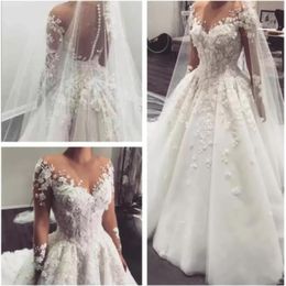 2022 dentelle élégante une ligne robes de mariée arabe pure manches longues tulle applique 3D floral perlé balayage train robe de mariée de mariée351p