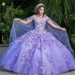 2022 Robes de Quinceanera lavande violet clair élégantes avec cape dentelle appliquée corset perlé robe de 15 ans jupe bouffante douce 16 robe BC10931 C0304