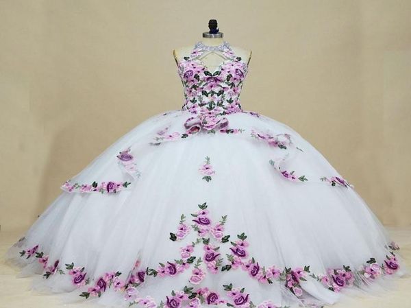 2022 Elegante lila con estampado de flores vestido de bola blanco vestidos de quinceañera halter cuello de ojo de cerradura espalda con cuentas tul largo dulce 15 16 Ch6056664