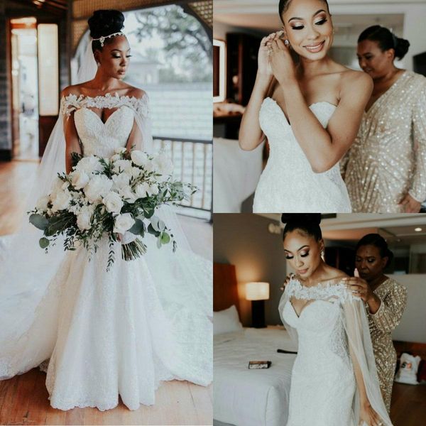 2022 élégantes robes de mariée sirène chérie africaine pleine dentelle appliques perles de cristal robes de mariée chapelle train robes de mariée avec cape