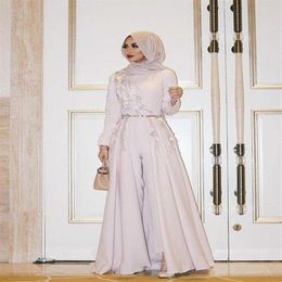 2022 Elegante mono musulmán Vestidos de noche con falda desmontable Vestidos de fiesta formales de manga larga con cuentas para bodas Árabe Dubai263b