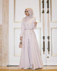 2022 Elegante mono musulmán Vestidos de noche con falda desmontable Vestidos de fiesta formales de manga larga con cuentas para bodas Árabe Dubai Pantalones de fiesta Vestido de traje Cuello redondo