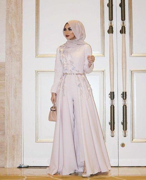 2022 élégantes robes de soirée de combinaison musulmane avec jupe détachable perlée à manches longues robes de soirée formelles pour les mariages arabe Dubaï pantalon de bal costume robe ras du cou