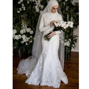 2022 Elegante vestido de novia de sirena de encaje musulmán con velo Hijab Mangas largas Cuello alto Vestidos de novia con apliques de marfil Gelinlik en Dubia Árabe Vestidos de novia islámicos