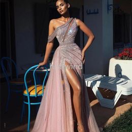 2022 Elegant Off Shoulder Long Prom Dresses Full Beaded for Arabic Women Sexy Front Split Formele Avond Pageant Towns Robe de Soiree EE
