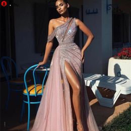 2022 Elegant Off Boder Long Robes de bal Full Perge pour les femmes arabes Sexy Front Front Formal Evening Pageant Gowns Robe de Soiree 5 304r
