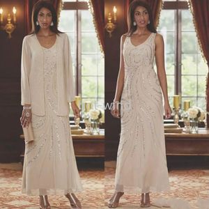 2022 Elegante V-hals Moeders Jurken Twee stukken Beaded Wedding Gast Enkellengte Moeder van de Bruid Jurken met Lange Mouwen Jas EE