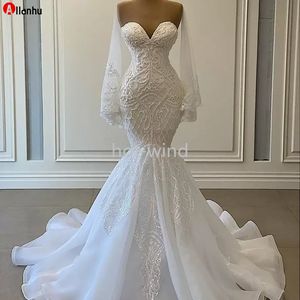 2022 élégant blanc sirène robes De mariée robes De mariée perles dentelle Applique nigérian arabe Robe De mariage Robe De Mariee EE
