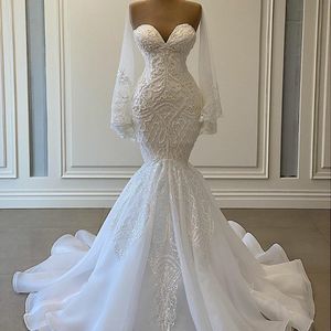 2022 elegante witte zeemeermin trouwjurken bruidsjurken kralen kant applique Nigeriaanse Arabische huwelijk jurk gewaad de Mariee