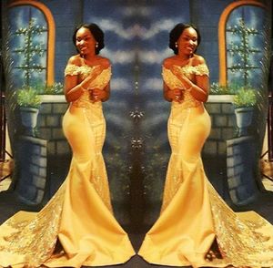 2022 Élégant jaune sirène africaine robes de soirée longue train formelle de l'épaule luxe perles cristaux paillettes satin arabe grande taille trompette robe de bal