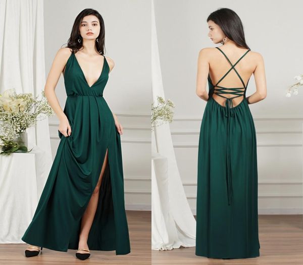 2022 Vestidos de dama de honor de color verde esmeralda Sexy sin respaldo Dividido con cuello en V Vestidos de fiesta para mujer Playa de verano Bohemio Dama de honor2723465