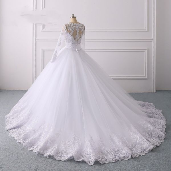 2022 Vestido de novia de cintura imperio con poeta Mangas largas Clásico con cuello en V Apliques de encaje Cuentas Cinta de lentejuelas Boda nupcial plisada Dre303M