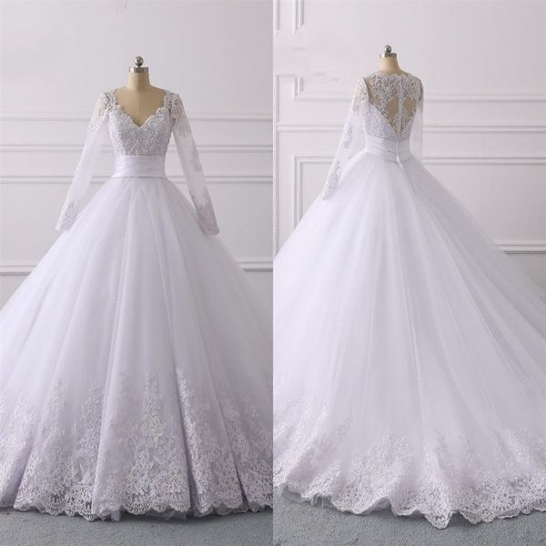 Vestido de novia de cintura imperio 2022 con mangas largas de poeta clásico con cuello en V apliques de encaje cuentas cinta de lentejuelas plisado boda nupcial Dre281K