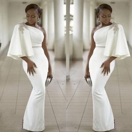 2022 Robes De Soirée Blanc Pur Une Épaule Demi Manches Sirène Formelle Perles Africain Dubaï Femmes Longue Gaine Robe De Bal Robe De 283h