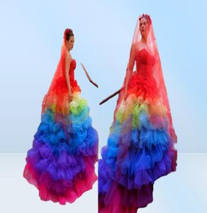 2022 Exotische lieverd baljurken kleurrijke tule regenboog gotische trouwjurken op maat gemaakte trapsgewijze ruches plus size bruids goW7569628