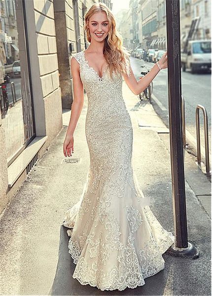 2022 vestido de novia de encaje extra pequeño estilo sirena manga casquillo transparente con cuello en v tren de barrido vestidos de novia mujeres para la novia Vestidos de Festia