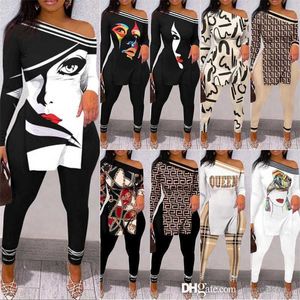 2022 Herfst Winter Dames 2-delige broekoutfits Personaliseer Brief Gedrukt Off Shoulder Split T-shirt Leggings Matching Sets