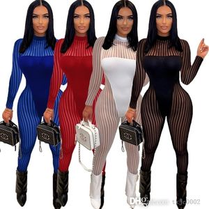 2022 herfst vrouwen jumpsuits rompers ontwerper sexy zie door een stuk broek mesh gestreepte patchwork lange mouwen bodysuits