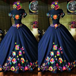 2022 Fashion Charro Mexico Quinceanera Dresses marineblauw geborduurd van de schouder Satijnen korset terug zoet 15 meisjes prom jurk custo 270G