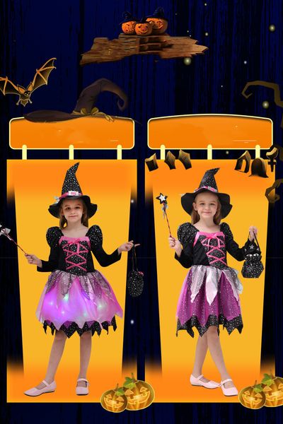 2022 vestidos de disfraces de Halloween para niños a la moda, vestidos de fiesta para niñas, vestido de princesa bruja, ropa para niños pequeños, luces