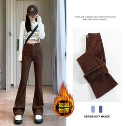 2022 Fashion Classic Fleece Jeans Trendy Luxe Design Midriff Winter Hoge Hoge Taille zelfteelt Keep warme hoorn denim broek